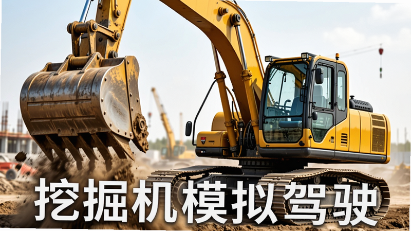 主体为一台黄色大型挖掘机在尘土飞扬的工地场景中,铲斗扬起泥土,布局居中偏下,排版简洁干净,风格写实逼真,细节包括履带纹理、驾驶室玻璃反光、液压杆金属质感,画质高清细腻,无多余元素,图片上带有文字“挖掘机模拟驾驶”