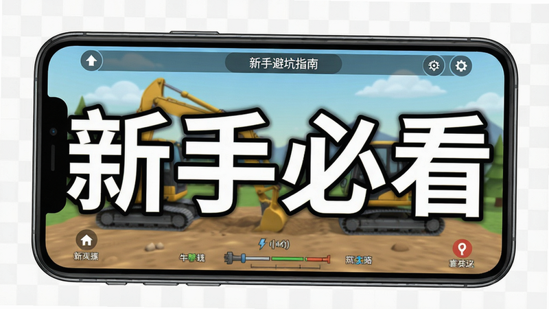挖掘机模拟驾驶新手避坑指南示意图,主体为手机屏幕显示游戏设置界面,布局居中,风格简洁,画质清晰,图片上带有文字“新手必看”