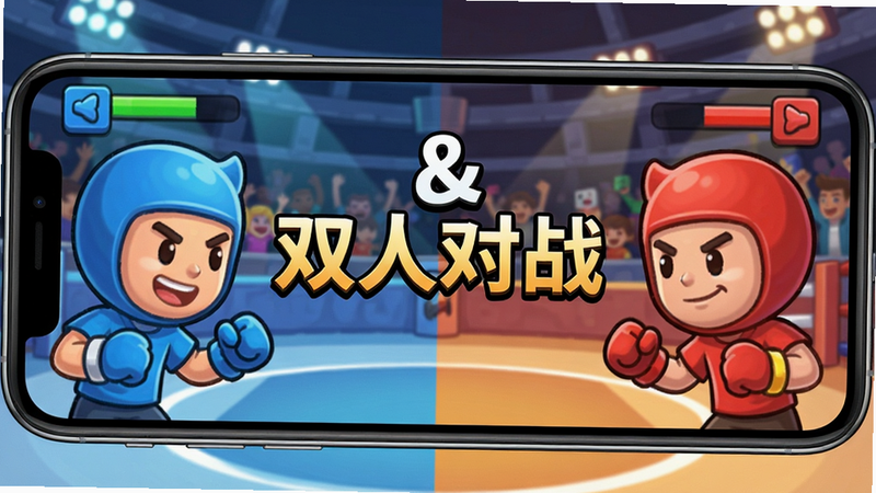 双人竞技场在线游戏 预览图,两个玩家在手机屏幕上面对面竞技,画面色彩鲜艳卡通风格,中间有“双人对战”字样,背景是竞技场,左侧玩家蓝色,右侧玩家红色,布局左右对称,画质高清干净,无多余元素
