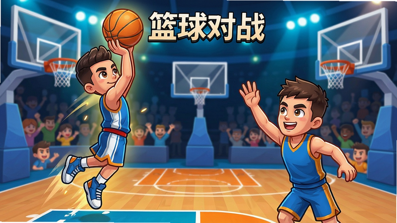 双人竞技场在线游戏 篮球模式截图,两个卡通角色在篮球场投篮,左侧角色跳起投篮,右侧角色防守,画面动感,色彩鲜艳,有“篮球对战”文字,布局左右对称,高清画质