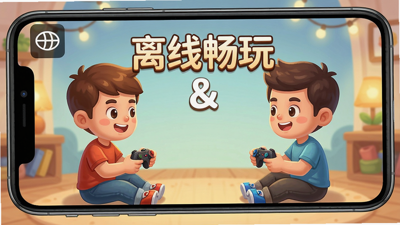 双人竞技场在线游戏 离线模式,手机显示无网络图标,两个玩家面对面坐着玩,背景简单,有“离线畅玩”文字,卡通风格,温馨氛围,高清画质