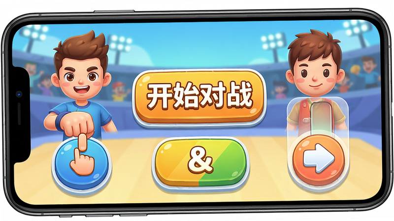 双人竞技场在线游戏 操作界面,手机屏幕显示两个玩家手势,左侧玩家点击按钮,右侧玩家滑动屏幕,界面简洁,按钮大而圆润,有“开始对战”字样,卡通风格,高清干净