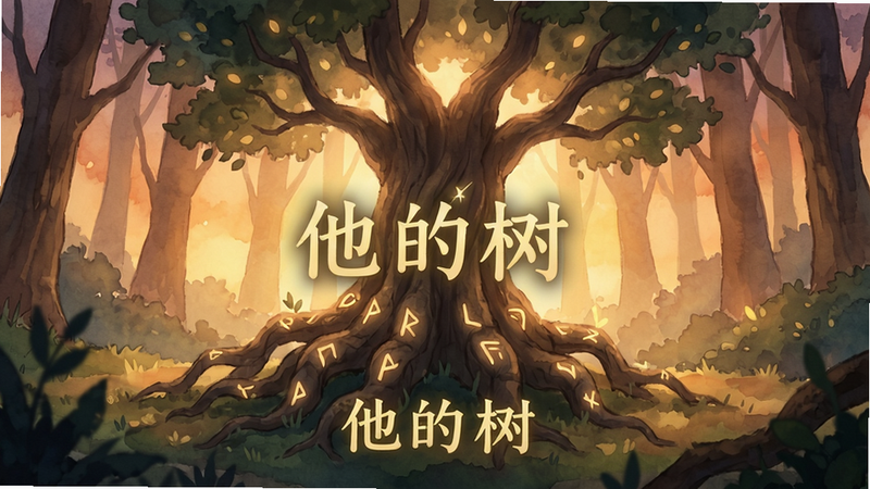 主体为《他的树》游戏主界面,中央是一棵发光古树,树根缠绕着古老符文,背景是黄昏森林,整体手绘水彩风格,暖色调,光线柔和,画面干净无多余元素,文字区域标注“他的树”游戏标题,画质细腻,氛围神秘。
