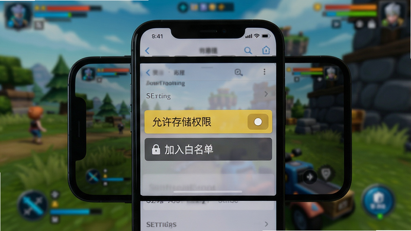 主体为手机屏幕显示游戏设置界面,高亮选项“允许存储权限”和“加入白名单”,背景为模糊的游戏场景,布局居中,风格写实,画质干净,无多余元素。