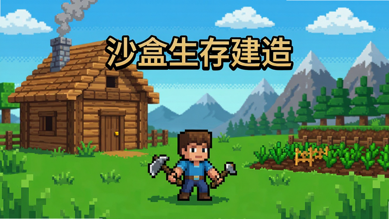 主体为游戏场景,一个像素风格的玩家角色站在一片绿色的草原上,背后有自己建造的木屋和农田,远处有山脉和树木,天空有云朵,画面中央有游戏标题“沙盒生存建造”。布局:角色居中,建筑在左后,自然景观在右后。风格:像素艺术,色彩鲜艳。细节:角色手持工具,木屋有烟囱冒烟,农田有农作物。画质:高清,干净,无多余元素。