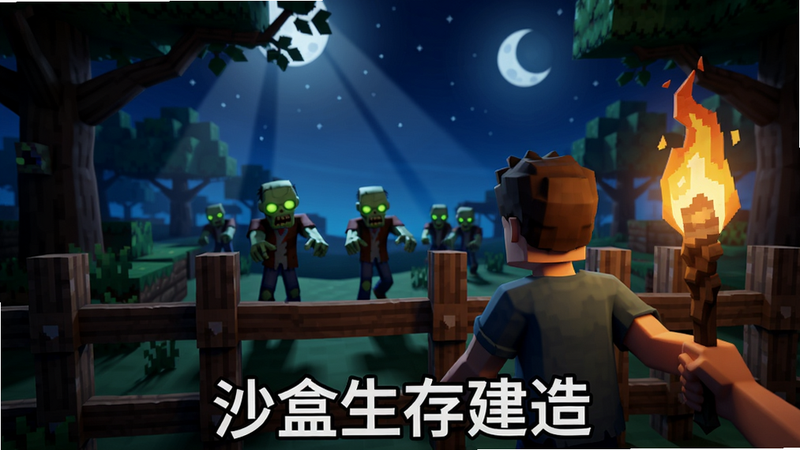 夜晚场景,玩家手持火把站在木栅栏后面,远处有绿色眼睛的僵尸靠近,背景是深蓝色夜空与月亮,月光透过树枝洒下,画面有动态光影,画质细腻,干净,标题