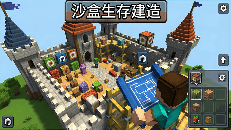 俯视视角下的一座大型城堡建造现场,玩家手持蓝图站在脚手架旁,周围有各种方块素材图标,界面显示建造菜单,像素风格但色彩鲜艳,画质清晰,干净无杂乱元素,游戏名称