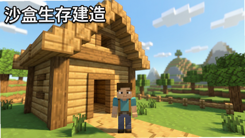 游戏主界面截图,一位玩家角色站在自己建造的木屋前,背景有山丘和树木,蓝天白云,方块风格,光影柔和,画质清晰,干净整洁,无多余元素,标题文字