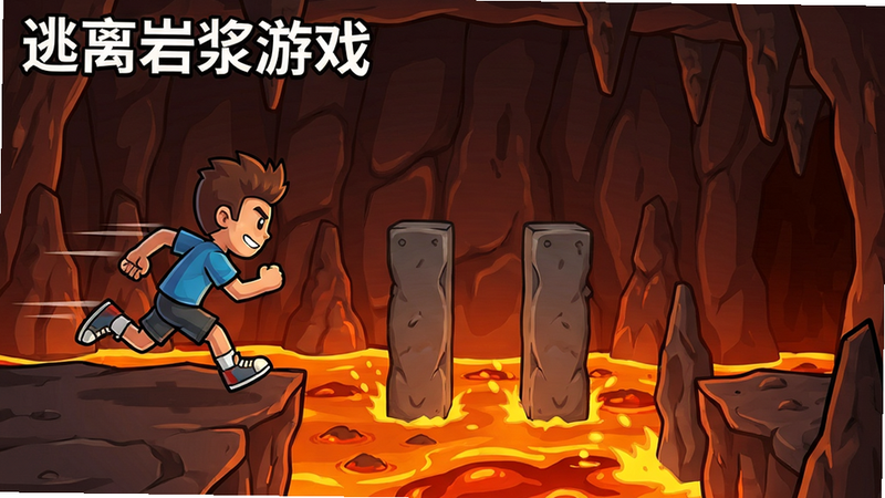主体:角色在熔岩隧道中奔跑,前方有障碍物和缝隙,背景岩浆翻滚。布局:跑酷视角,角色偏左,障碍居中,岩浆在底部。排版:动态截图风格,卡通风格,细节清晰,画质高清,干净无多余元素。文字“逃离岩浆游戏”在左上角。