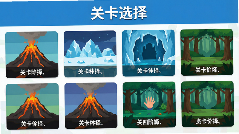 主体:多个关卡选择界面,显示不同场景缩略图,如火山、冰洞、森林。布局:网格排列,每个缩略图有标题。排版:UI界面风格,扁平化设计,颜色鲜艳,画质清晰,干净无多余元素。文字“关卡选择”在顶部。