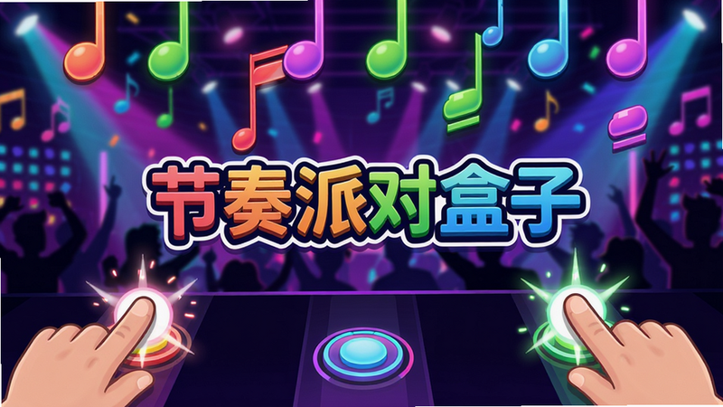 节奏派对盒子游戏主界面,彩色音符从屏幕上方落下,玩家手指点击节奏点产生光效,背景是霓虹灯光派对场景,画面中央显示游戏标题“节奏派对盒子”,卡通风格,色彩鲜艳,高画质,干净无多余元素