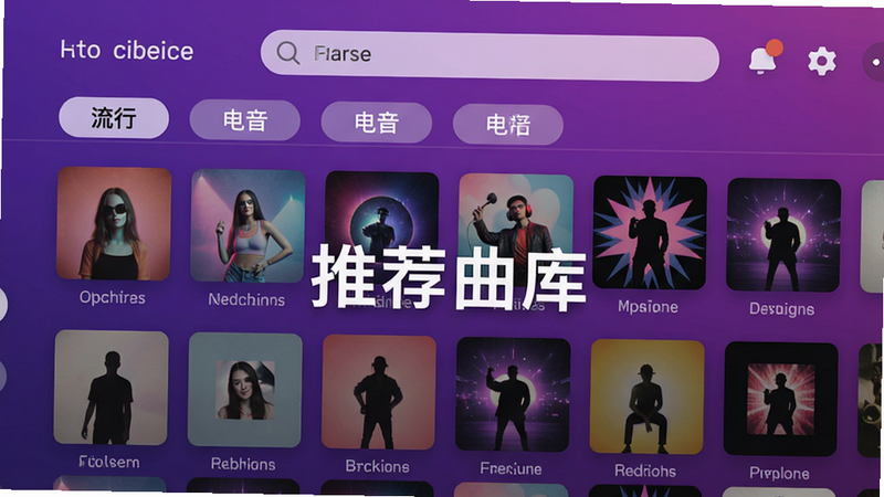 节奏派对盒子歌曲选择界面,显示多张专辑封面排列,屏幕上方有搜索栏,分类标签如“流行”“电音”,界面风格简洁现代,色彩丰富,背景为渐变紫色,文字“推荐曲库”清晰可见
