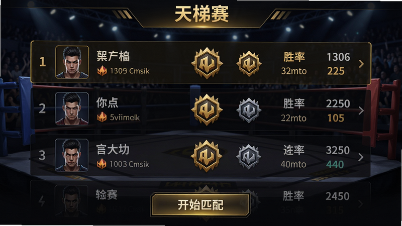 主体:游戏天梯排行榜界面,显示玩家排名和段位图标,背景为格斗擂台。布局:列表式排列,玩家头像和名称、段位、胜率等数据清晰可见。排版:顶部有“天梯赛”标题,底部有“开始匹配”按钮。风格:科技感UI,暗色调背景配金色文字。细节:段位图标设计精美,名字旁边有连胜标志。画质:高清,界面干净无广告。