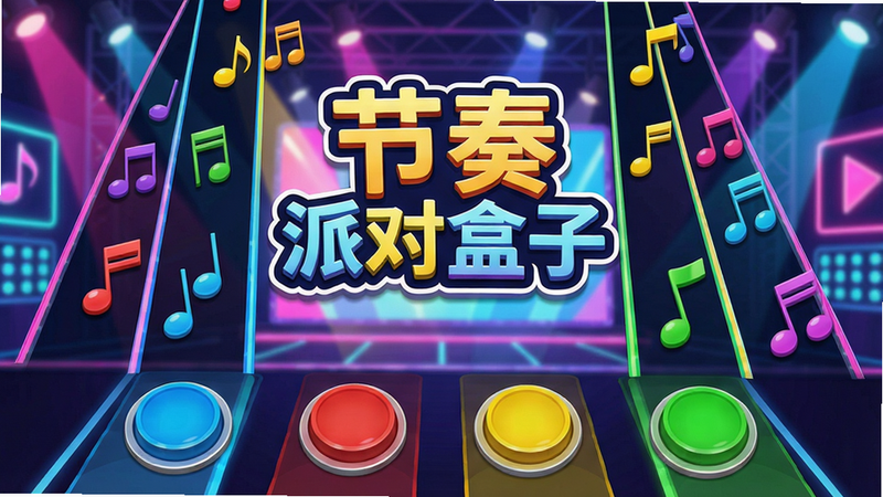一张游戏主界面截图,中央显示“节奏派对盒子”游戏logo,背景是绚丽的霓虹灯光与舞台效果,彩色音符从屏幕上方沿着轨道下落,下方有四个圆形按键(蓝、红、黄、绿),整体风格卡通明亮,画面干净,画质高清,无多余UI元素