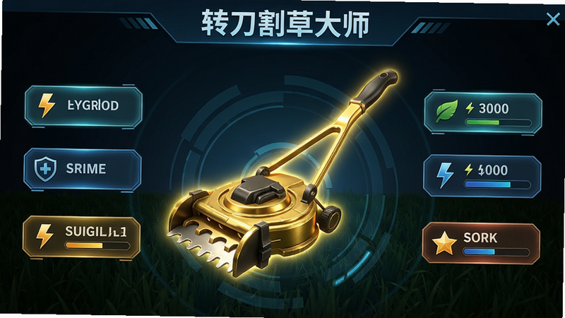 《转刀割草大师》刀具升级界面,展示一把发光的金色割草刀,周围有升级按钮和属性数值,风格科技感,画质清晰,无多余元素。