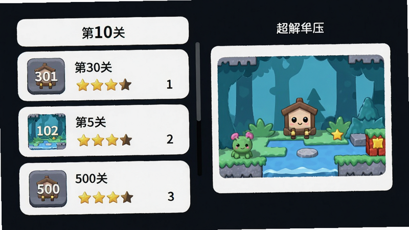展示连线超解压游戏关卡选择界面的图片,左侧是关卡列表,右侧显示当前关卡预览图,布局清晰,风格简约,细节包括关卡编号和星星评分,画质高清,文字“第10关”等,整体干净整洁。