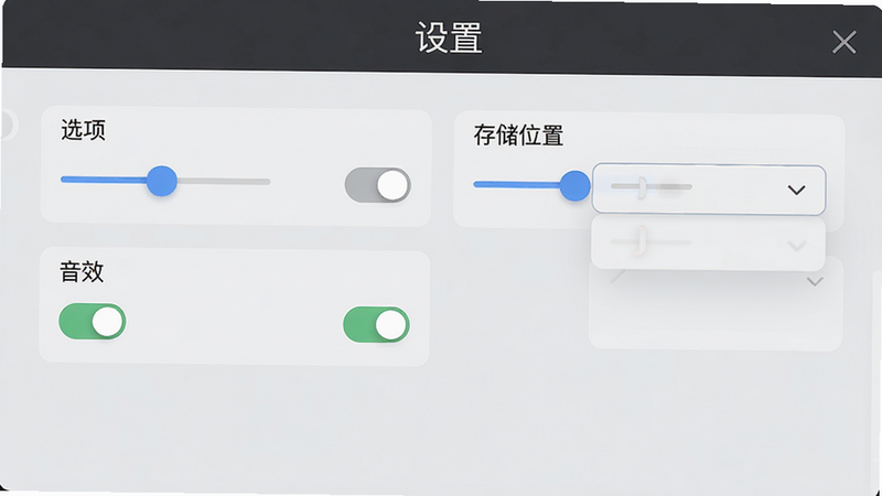 展示连线超解压游戏设置界面的图片,包含画质选项、音效开关、存储位置等,布局清晰,风格现代,细节包括滑动开关和下拉菜单,画质高清,文字“设置”位于顶部,背景为浅灰色,画面干净。