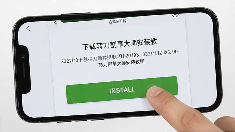 转刀割草大师安装教程截图,手机屏幕显示下载页面,手指点击安装按钮,背景简洁,步骤清晰,高清画质,干净无多余元素