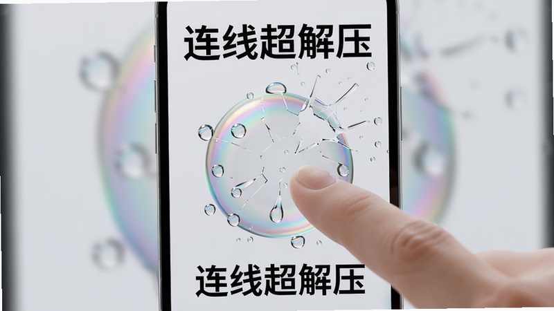 主体:一个手指正在屏幕上按压一个气泡,气泡破裂瞬间的特写;布局:居中;排版:竖屏;风格:3D写实;细节:气泡上的水珠和光影;画质:4K清晰,干净无多余元素;文字:'连线超解压'。