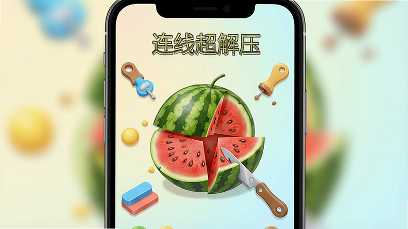 一张展示手机屏幕上运行'连线超解压'应用的截图,界面中央有一个逼真的西瓜正在被切割,周围有各种解压小工具,背景柔和,色彩明亮,画质细腻,干净无多余元素。文字标注'连线超解压'。