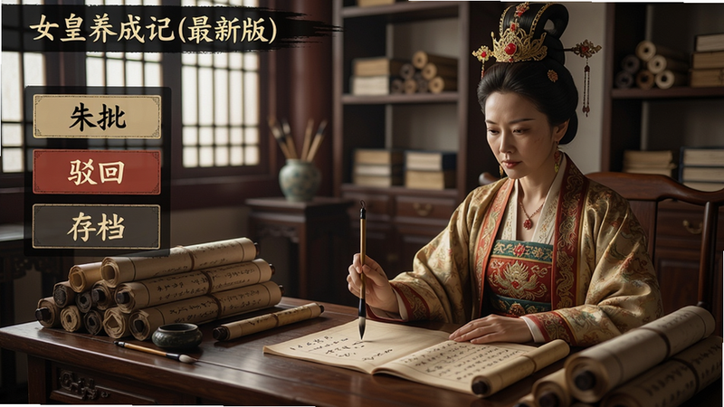 主体为《女皇养成记(最新版)》朝政处理界面,女皇手持毛笔在奏章上批注,案头堆满卷轴,背景是御书房,左侧有“朱批”“驳回”“存档”选项;古风写实风格,光影自然,书卷纹理清晰,画质细腻。