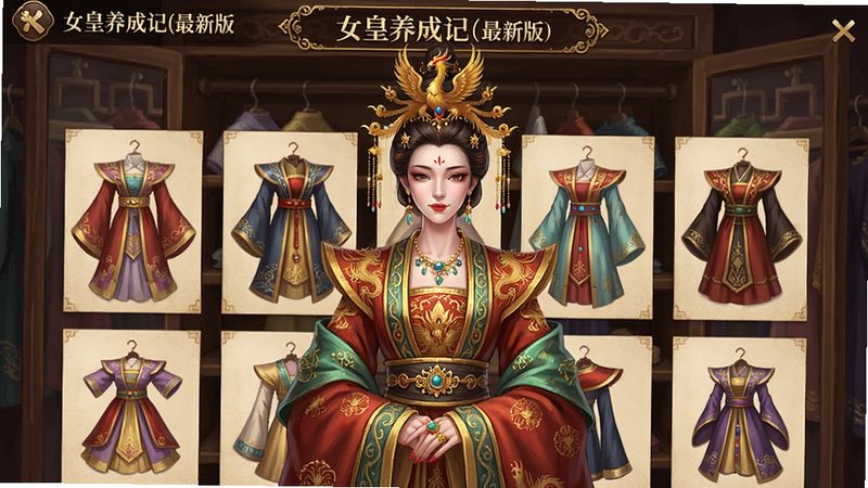 主体为《女皇养成记(最新版)》换装界面,女皇身着华丽大袖衫,头戴凤冠,面前展示多套服饰选项,背景为衣橱;中国风插画风格,服饰纹理、珠宝光泽清晰,画质高清,布局整洁。