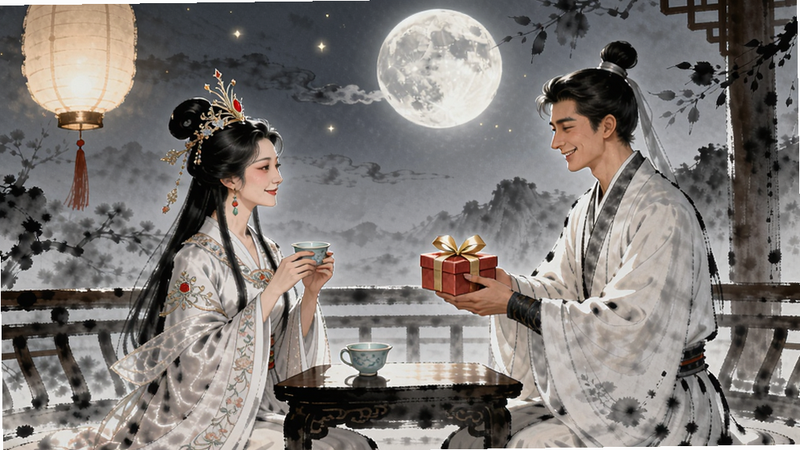 主体为《女皇养成记(最新版)》角色互动场景,女皇与一位白衣公子在月下亭中品茶对话,氛围浪漫,公子面带微笑呈上礼物;古风水墨风格,月色朦胧,角色表情生动,画质柔美。
