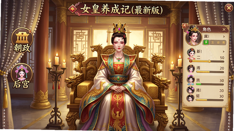 主体为《女皇养成记(最新版)》游戏主界面,画面中央一位身着凤袍的女皇端坐于龙椅上,背景是金碧辉煌的宫殿,左侧有“朝政”“后宫”等功能图标,右侧显示角色属性面板;整体采用古风唯美插画风格,细节包括珠帘、烛台、雕花屏风,画质高清,色彩柔和,无多余元素。