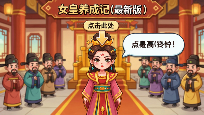 主体为《女皇养成记(最新版)》新手引导界面,女皇站在朝堂上,头顶有“点击此处”的箭头指示,背景是文武百官,整体采用卡通古风风格,色彩明亮,文字气泡清晰,画质干净。
