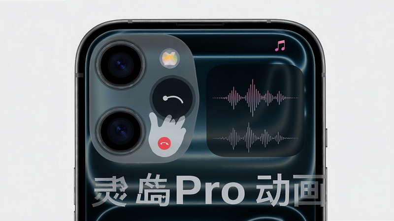 一张灵动岛Pro6.5最新破解版【苹果17同款】的动画演示截图,主体是手机屏幕上半部分,挖孔周围显示来电滑动手势和音乐波浪动画,布局紧凑,排版干净,风格拟真苹果UI,细节展示光影渐变和圆角过渡,画质1080P,无多余元素,文字标注