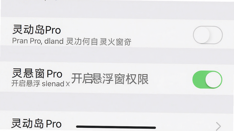 一张手机设置界面截图,展示如何开启灵动岛Pro的悬浮窗权限,主体为设置应用列表中找到灵动岛Pro并打开权限开关,布局清晰,排版整齐,风格真实系统UI,细节包括开关按钮和说明文字,画质清晰,无多余元素,文字标注