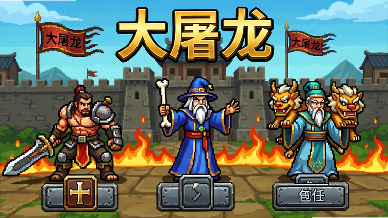 主体:复古传奇风格的游戏主界面,中心是三个职业(战士、法师、道士)的立绘,背景为经典的盟重土城,城墙上飘扬着“大屠龙”旗帜。布局:左右对称,职业图标位于画面下方,顶部为游戏标题“大屠龙”金色大字。排版:游戏UI风格,简洁清晰,按钮有金属质感。风格:复古像素风结合现代手绘,色彩浓郁,对比强烈。细节:战士手持裁决,法师挥舞骨玉,道士召唤神兽,地面有火焰特效。画质:高清渲染,干净无多余元素,突出“大屠龙”品牌标识。