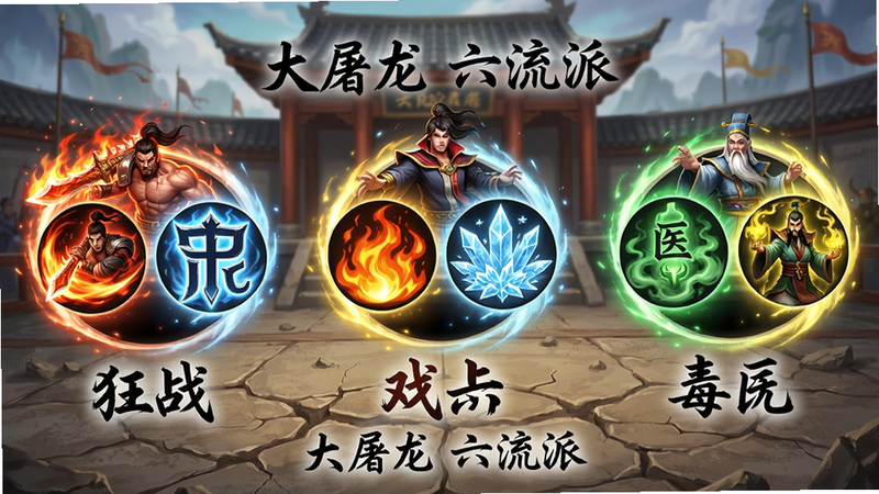 主体:三个职业的六流派技能展示图,左侧战士(狂战红光、守护蓝光),中间法师(火法烈焰、冰法冰晶),右侧道士(毒医绿雾、召唤黄光)。布局:水平排列,每个流派下方标注名称,背景为古风比武台。排版:技能图标圆形,带光效,职业名称用毛笔字体。风格:东方玄幻,色彩鲜明。细节:技能粒子特效丰富,地面有裂痕。画质:4K清晰,无多余元素,文字“大屠龙 六流派”居中。