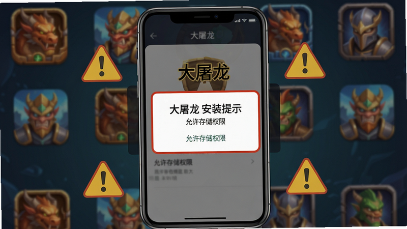 主体:手机屏幕显示《大屠龙》游戏安装过程,提示“允许存储权限”,周围有警示图标。布局:手机模型居中,屏幕内显示权限弹窗,背景为游戏图标。排版:简洁,突出权限提示。风格:现代扁平化。细节:弹窗有红色警告边框,文字清晰。画质:干净无多余元素,文字为“大屠龙 安装提示”。