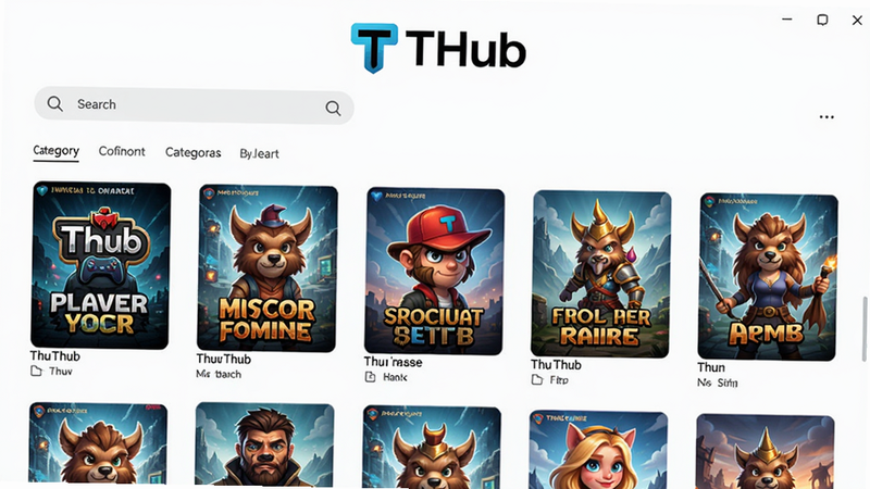 主体为THub软件界面,布局居中,上方显示'THub'Logo,下方是游戏列表网格,每个游戏有封面和名称,风格现代扁平,色彩鲜明,画质高清干净,无多余元素。细节:界面包含搜索栏、分类标签,整体整洁。