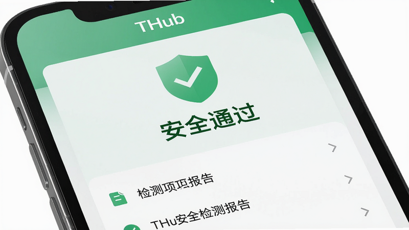 主体为手机屏幕显示THub安全检测报告,布局居中,上方有绿色盾牌图标和'安全通过'字样,下方列出检测项,风格简洁,绿色调,画质清晰,干净无多余元素。