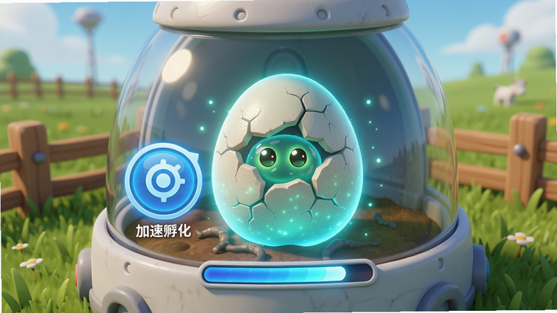 主体:牧场孵化器中一颗史莱姆蛋正在发光,旁边有加速按钮图标,显示“加速孵化”。布局:孵化器占据画面中央,背景有围栏和草地。排版:按钮为蓝色高亮,下方有进度条快速填满。风格:卡通科幻风格,光效柔和。细节:蛋壳上有裂纹,史莱姆眼睛从蛋中窥视。画质:高清,色彩明亮,无多余元素。