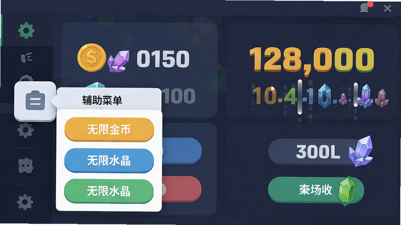 主体:游戏内资源面板,显示金币、水晶数量暴涨,辅助菜单选项展开,包含“无限金币”、“无限水晶”等按钮。布局:屏幕左侧悬浮菜单图标,右侧资源数值以数字跳动效果呈现。排版:UI扁平化设计,按钮为圆角矩形,颜色搭配和谐。风格:现代游戏UI风格,简洁清晰。细节:数值字体加粗,辅助菜单文字“辅助菜单”用中文标注。画质:高清,界面干净无多余元素。