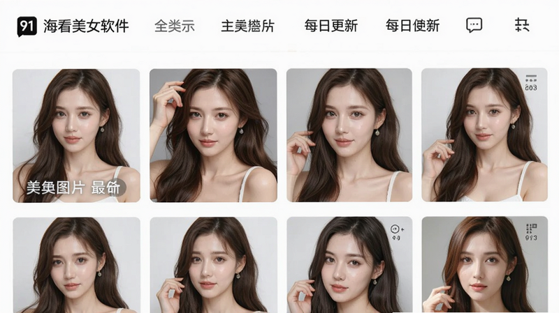 主体:91看美女软件最新版的主界面展示,布局为网格浏览模式,顶部有分类导航栏,风格清新简洁,细节包括精美缩略图,画质高清干净,无多余元素,图片中显示文字