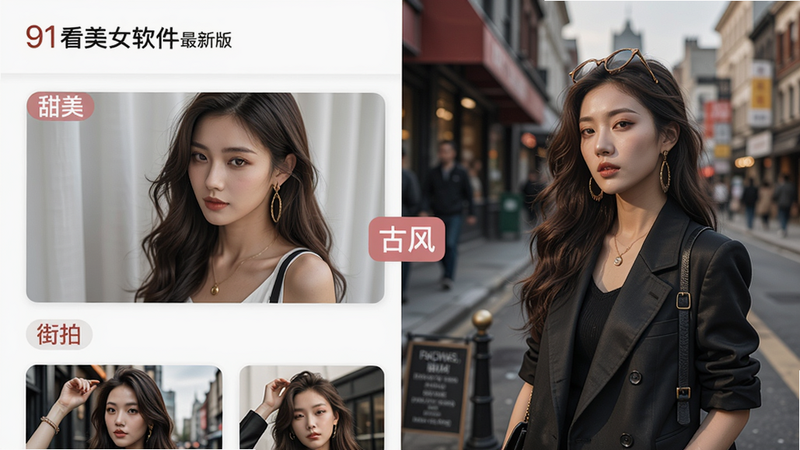 主体:91看美女软件最新版的图库分类页面,布局为左右滑动式,风格时尚,细节展示不同风格标签,画质清晰干净,图片中文字
