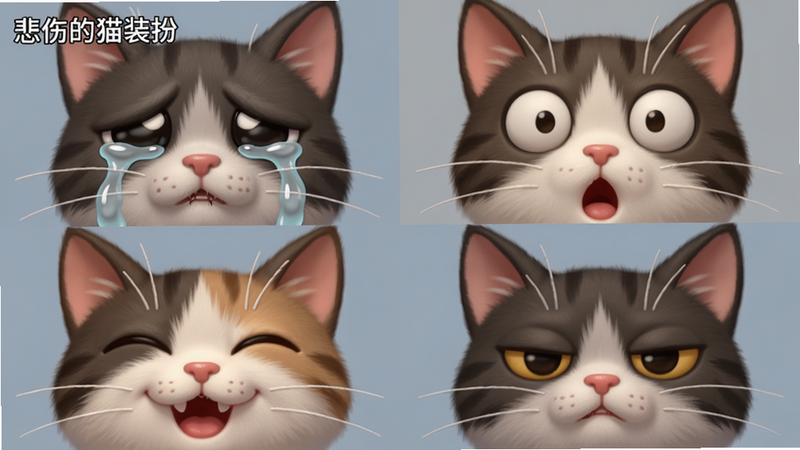 猫咪脸部特写,展示四种不同表情:悲伤流泪、惊讶张嘴、微笑、傲娇,每个表情占一个分区,背景为纯色,卡通风格,画质细腻,无多余元素。文字“悲伤的猫装扮”显示在左上角。