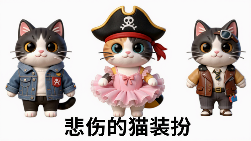 一只猫咪穿着多种风格的服装排列展示,包括牛仔夹克、芭蕾舞裙、海盗帽等,背景简洁纯白,卡通风格,色彩鲜艳,画质高清,无多余元素。文字“悲伤的猫装扮”位于图片下方。