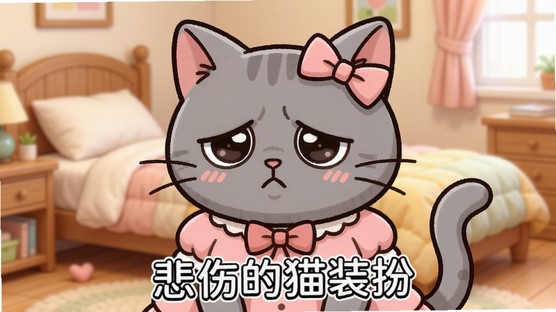 画面主体是一只灰色的悲伤表情的猫咪,穿着可爱的粉色连衣裙,头戴蝴蝶结,背景是温馨的卧室,整体风格卡通可爱,清晰明亮,画质细腻,无多余元素。文字“悲伤的猫装扮”置于画面下方。