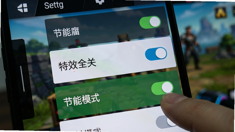 主体:手机屏幕显示游戏设置界面,突出“特效全关”和“节能模式”选项;布局:竖屏UI截图,设置选项列表;排版:清晰文字选项,有开关按钮;风格:游戏内菜单风格,背景模糊;细节:手指正在点击节能模式开关;画质:高清,无多余元素。