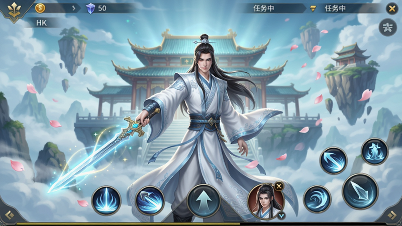 主体:梦幻诸石官方版游戏主界面,画面中央一位白衣剑仙角色手持发光长剑,背后是仙气缭绕的宫殿与悬浮岛屿。布局:界面下方有技能按钮和角色头像,上方显示资源与任务栏,整体呈对称布局。排版:角色居中,UI围绕边缘,清晰易读。风格:国风仙侠,色彩以青、白、金为主,光影柔和。细节:角色衣物纹理、剑身光芒、飘动的花瓣。画质:4K超清,干净无多余元素。