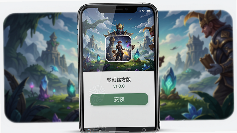 主体:手机屏幕显示梦幻诸石官方版安装界面,下方有“安装”按钮,背景为游戏宣传图。布局:手机居中,屏幕内容清晰,周围留白。排版:按钮醒目,文字提示“v1.0.0”。风格:写实手机截图风格,干净简洁。细节:手机边框、光线反射、指纹纹路。画质:超清,无多余元素。