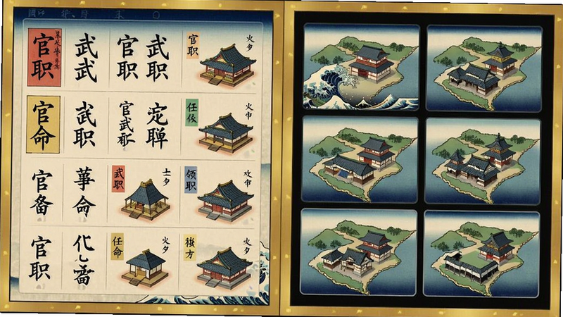 主体:幕府政务界面,左侧为武将官职任命列表,右侧为领地建筑缩略图;布局:整体采用日式屏风风格,金色边框;排版:官职名称用汉字竖排,建筑图标精美;风格:浮世绘与现代UI结合,色调古朴;画质:干净无多余元素,文字清晰。