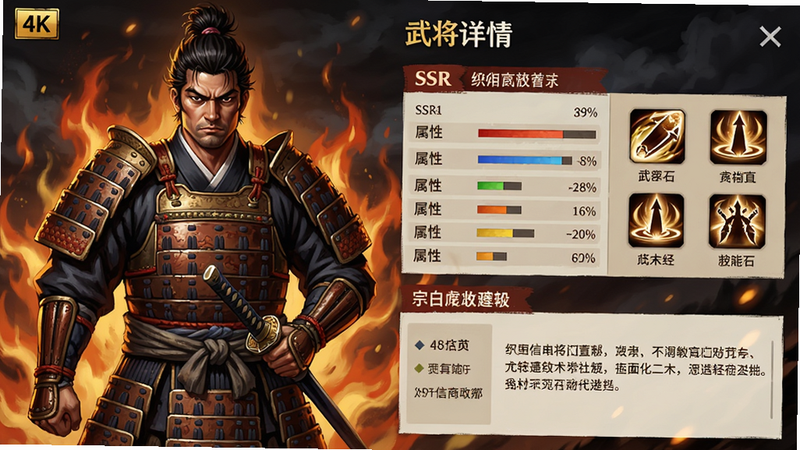 主体:武将详情界面展示一位SSR级武将(如织田信长)的立绘、属性面板和技能描述;布局:左侧为大幅武将立绘,右侧为数值条和技能图标;排版:信息层级分明,立绘占比60%,文字紧凑;风格:日式厚涂风格,铠甲纹理清晰,背景有火焰特效;画质:4K精细渲染,无噪点,干净整洁。