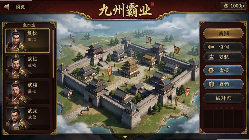 主体:《九州霸业》游戏主界面预览图,显示城池、武将列表和操作面板;布局:中央为城池地图,左侧武将队列,右侧功能按钮;排版:UI采用日式传统风格,金色边框与暗红底色;风格:和风写实,细节精细,光影柔和;画质:1080p高清,无多余元素,整体干净整洁。