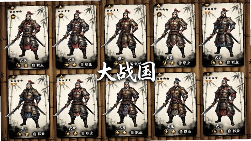 主体为「大战国」武将展示界面,布局由多个武将卡牌排列成网格,每张卡牌包含武将全身立绘、名字、星级和职业图标,风格为古典水墨,背景有竹简纹样,细节精美,武将服饰纹理清晰,画质高清,干净无多余元素,图片中间有「大战国」水印
